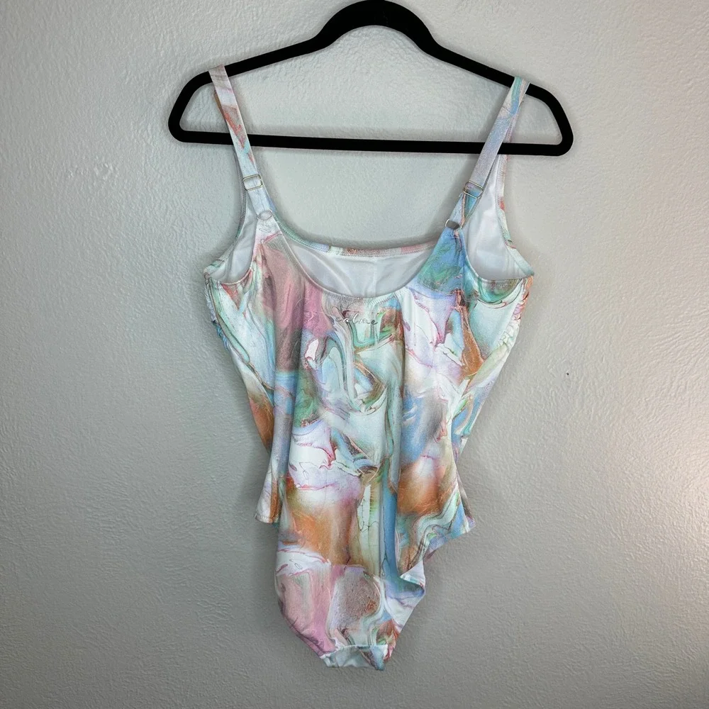 Johnny Was Calme Multi Rainbow Marble‎ Print One-Piece Abstract Swimsuit XL NWOT